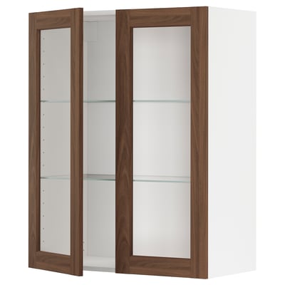 METOD kitchen wall unit, walnut glass doors, white frame, adjustable shelves.