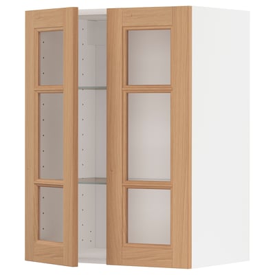 METOD Wall cabinet w shelves/2 glass drs, white/Vedhamn oak, 60x80 cm