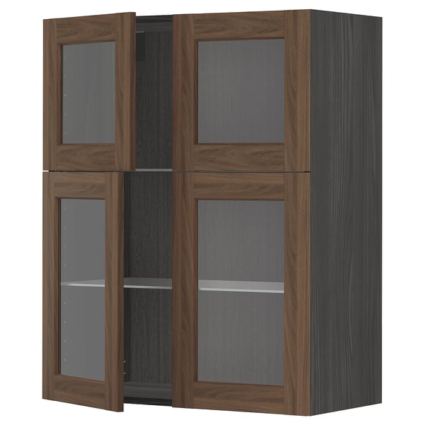 METOD walnut kitchen cabinet with glass doors, wooden frame, square shape, sleek design.