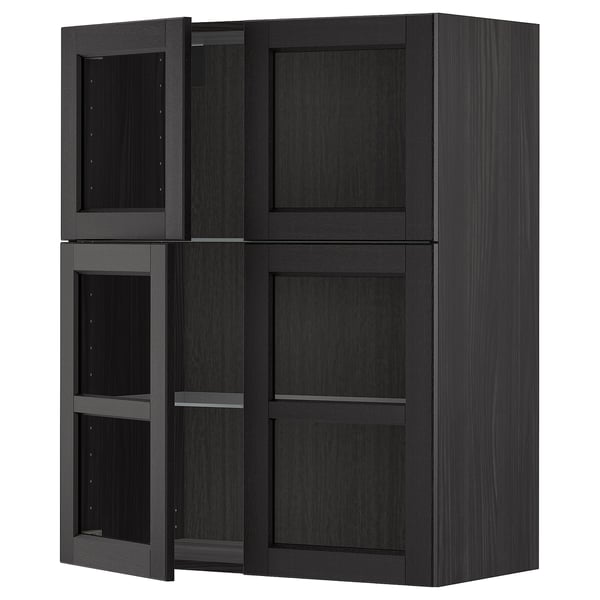Black wooden cabinet with glass doors and shelves.
