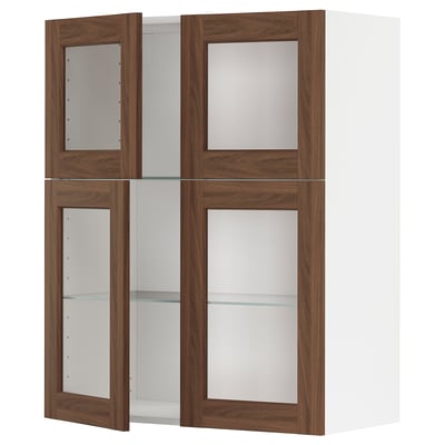 METOD Wall cabinet w shelves/4 glass drs, white Enköping/brown walnut effect, 80x100 cm