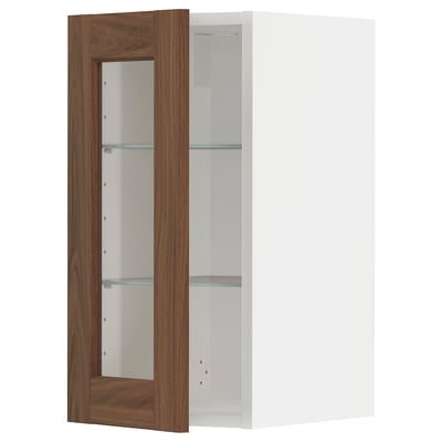 METOD Wall cabinet w shelves/glass door, white Enköping/brown walnut effect, 30x60 cm