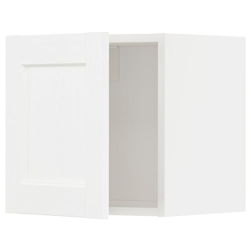 White ikea METOD kitchen cabinet set, classic design with subtle grain, equipped with sturdy frame and snap-on hinges.