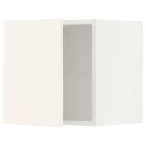 A white METOD kitchen cabinet set with a sleek design, featuring snap-on hinges and a sturdy frame construction.