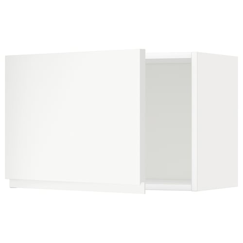 This image shows a white kitchen cabinet from IKEAs METOD system. It a minimalist design with a single door and clean lines.