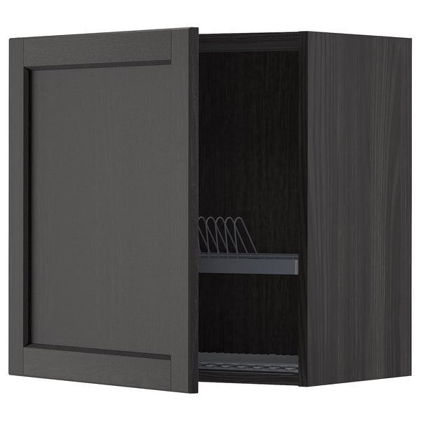 Black stained kitchen cabinet with open door revealing shelf and dish drainer.