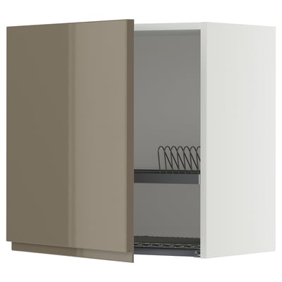 METOD Wall cabinet with dish drainer, white/Voxtorp high-gloss dark grey-brown, 60x60 cm