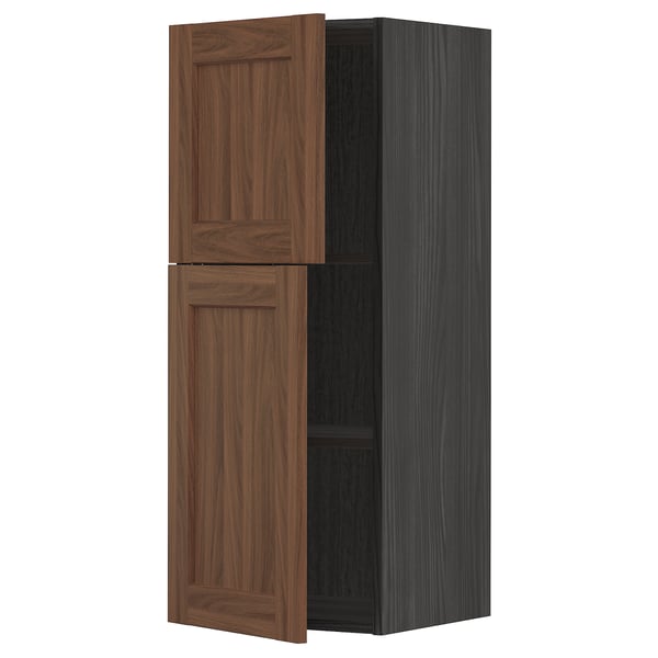 METOD wall cabinet in dark grey with walnut doors, featuring two adjustable shelves.