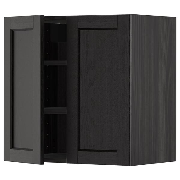 Black wooden kitchen cabinet with open door, dark interior, and adjustable shelves.