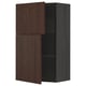 A dark brown METOD wall cabinet with a wooden texture and a square shape. It two adjustable shelves, one open door, and two closed doors.
