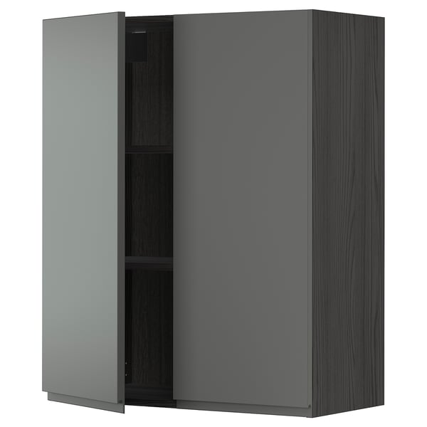 Grey wall-mounted kitchen cabinet with one open door revealing shelves. Modern, minimal design with dark grey finish.