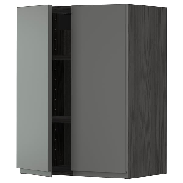 Modern grey kitchen cabinet with dark handles, two doors, adjustable shelf, sleek design.