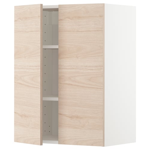A modern light wood-colored kitchen cabinet with a shelving unit inside. It a sleek, minimalist design with adjustable shelves.