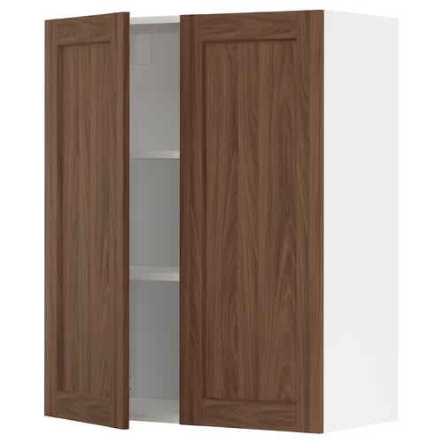 Open METOD kitchen cabinet with walnut doors, white interior, adjustable shelf.