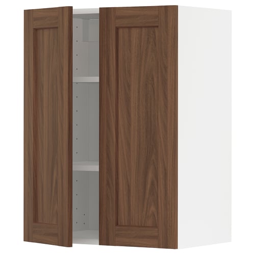 Walnut METOD kitchen cabinet with adjustable shelves, featuring dark wood grain, flat-panel design, and sturdy frame.
