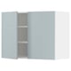 Modern grey-blue kitchen cabinet, sleek high-gloss design, adjustable shelves.