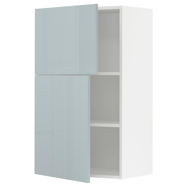 Modern grey-blue kitchen cabinet with adjustable shelves.