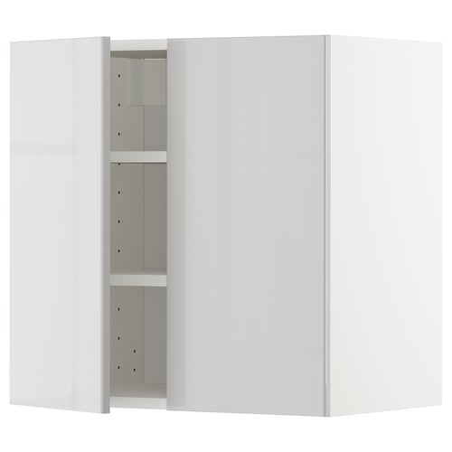 White modern kitchen cabinet with grey shelves and high gloss finish, featuring two closed doors and adjustable interior shelf.