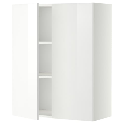 White high-gloss kitchen cabinet with one open door, two shelves. Modern and sleek design.
