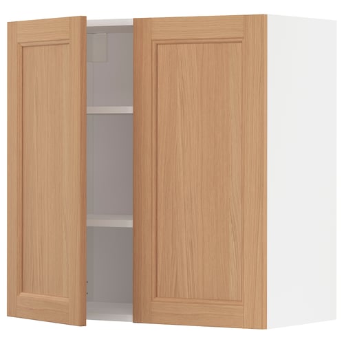 Oak finish METOD kitchen wall cabinet with two doors and a shelf.