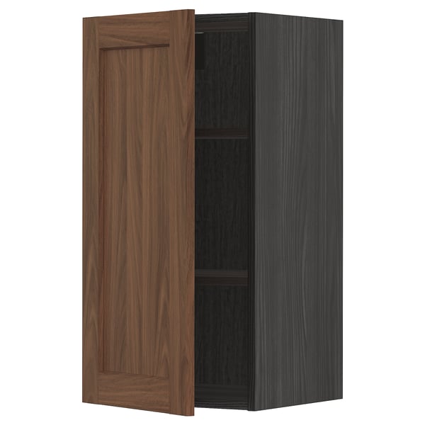METOD kitchen cabinet, walnut wood finish, rectangular with dark interior, adjustable shelf, sturdy build.