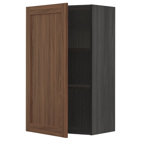Open walnut cabinet from IKEAs METOD series featuring dark wood grain finish and two adjustable shelves.