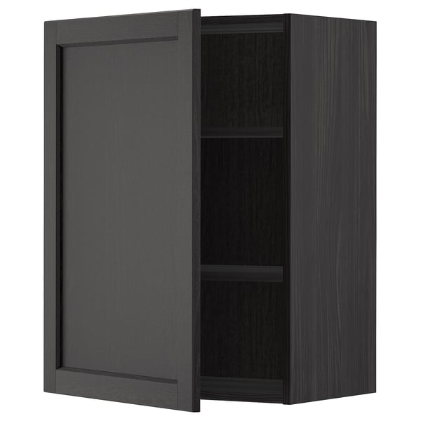 Modern black wooden wall cabinet with one open shelf, featuring sleek bevelled edges and dark stain finish.