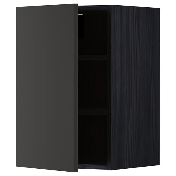 Black METOD wall cabinet with open door showcasing shelves, modern kitchen design.