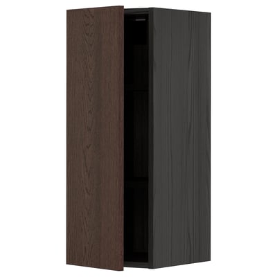 Dark brown wooden kitchen cabinet, rectangular with wooden grain texture.