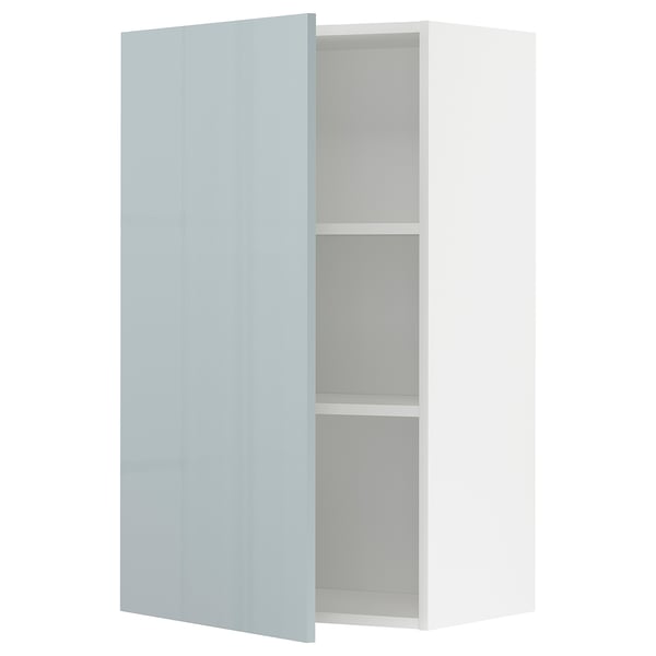 Modern grey-blue high-gloss kitchen cabinet with adjustable shelf.