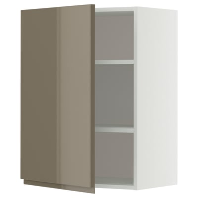METOD Wall cabinet with shelves, white/Voxtorp high-gloss dark grey-brown, 60x80 cm