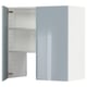 Modern grey-blue cabinet with open left door, three shelves, and sleek design.
