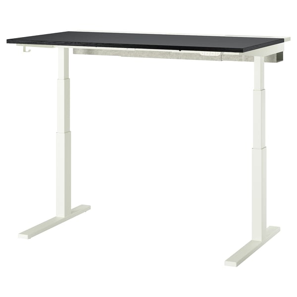 MITTZON: modern white standing desk, black top, adjustable height.