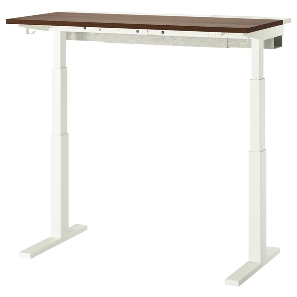 MITTZON standing desk, white legs, wooden top, adjustable height, modern minimalist design.