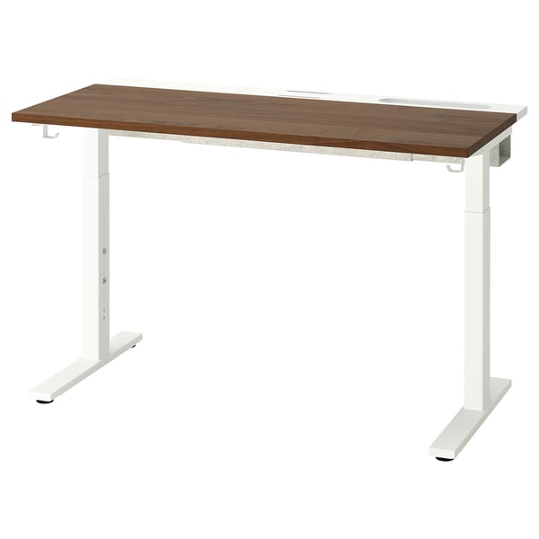 MITTZON desk, brown top, white legs, adjustable height, cleanable surface.
