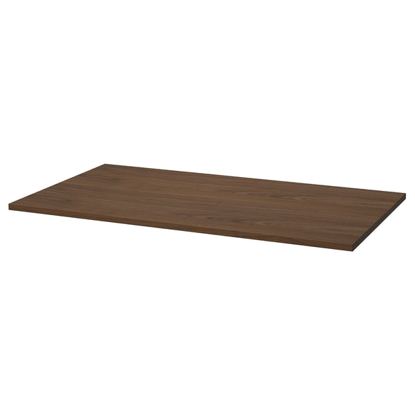 The MITTZON shelf is walnut brown, rectangular, and made from wood and veneer. Its clean, flat surface is stain-resistant.