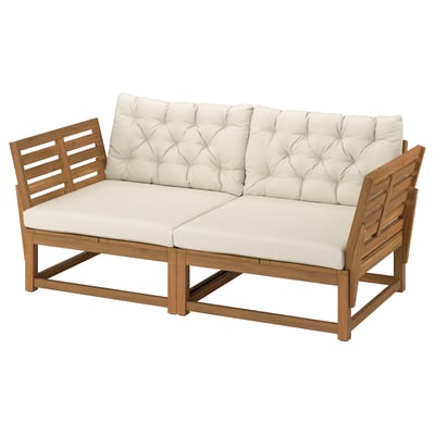 NÄMMARÖ 2-seat sofa, outdoor with armrest/light brown stained Kuddarna light grey-beige, 183 cm