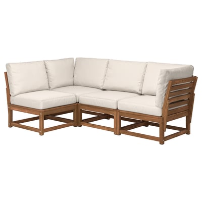 NÄMMARÖ outdoor sectional sofa in brown acacia wood with white cushions, l-shape.