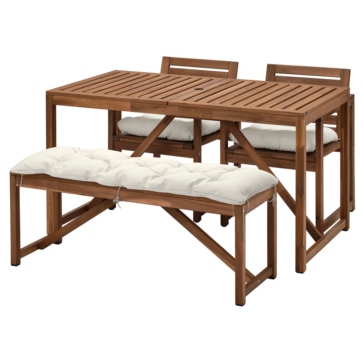 NÄMMARÖ table+2 chairs+ bench, outdoor, light brown stained/Kuddarna ...