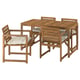 NÄMMARÖ Table+4 chairs w armrests, outdoor, light brown stained/Kuddarna light grey-beige, 140x75 cm
