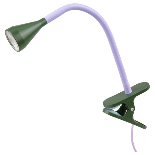 A NÄVLINGE clip-on lamp in green and purple, featuring an adjustable neck and a conical shade.