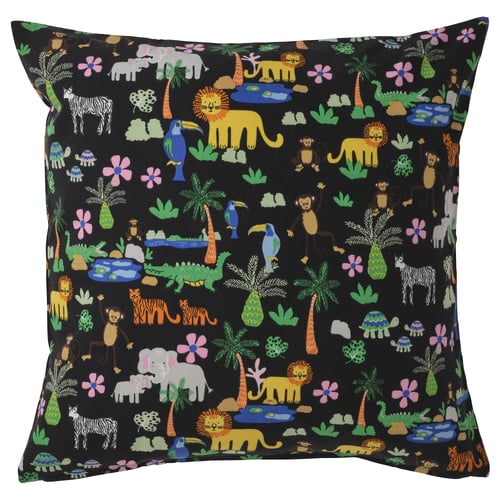 NATTHÄGER cushion cover, black with colourful jungle animals, square shape, recycled polyester.