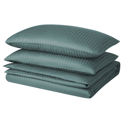 This image a neatly stacked teal bedding set. The set includes a duvet cover and two pillowcases, all showcasing subtle horizontal stripes.