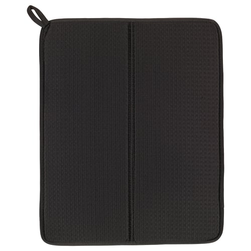 A NYSKÖLJD drying mat, rectangular, grey, with a textured surface and a small loop for hanging. Made of recycled polyester and polyurethane foam.