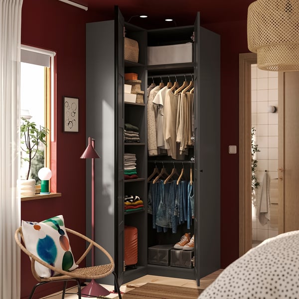 PAX / BERGSBO Corner wardrobe, dark grey/dark grey, 111/88x236 cm