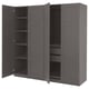 Dark grey PAX wardrobe, open showing shelves; modern, rectangular, panel design.