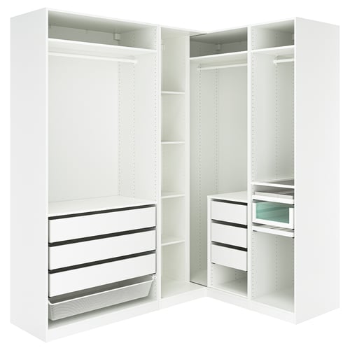 A white corner wardrobe named PAX with drawers and shelves for clothing storage.