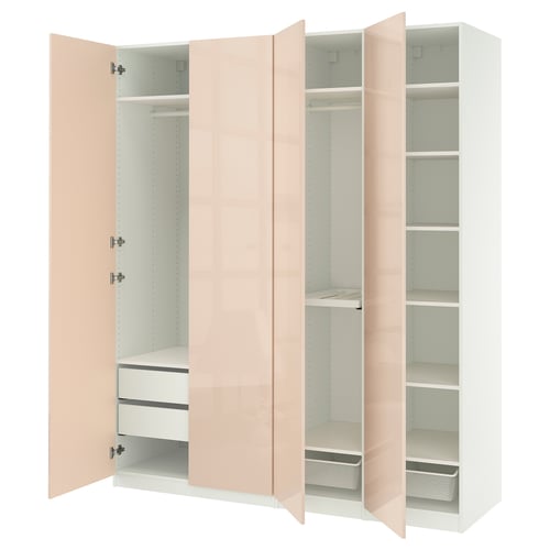 Beige ikea PAX wardrobe with adjustable shelves and drawers, modern minimalist design.