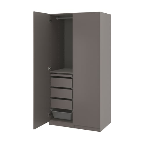 A grey PAX wardrobe with one door open, revealing shelves and drawers.