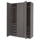 Dark grey PAX wardrobe with open doors, hangers, shelves, mesh drawers.